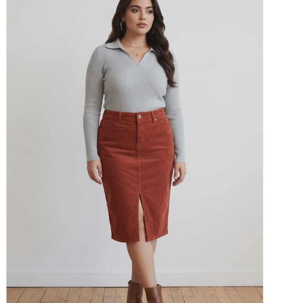 Style & Co Corduroy Pencil Skirt Rust Orange | Size 16 | Midi Length Front Slit